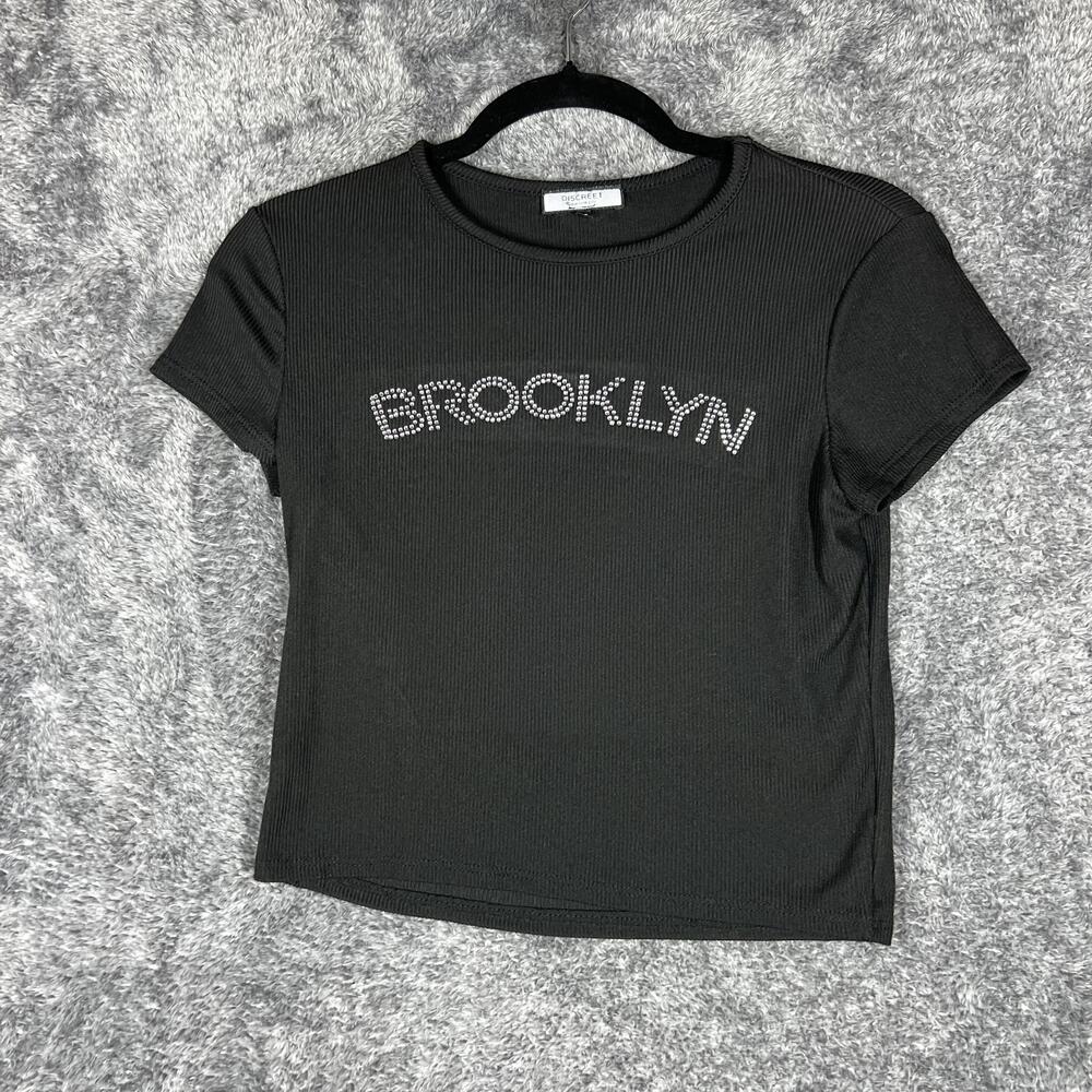DISCREET Shirt Womens M Black Brooklyn Rhinestone Ribbed Short Sleeve USA